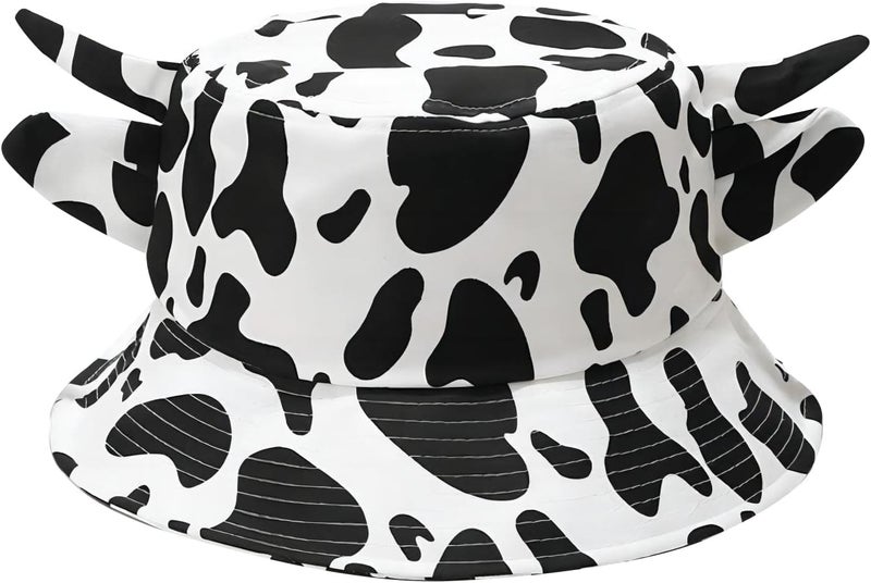 QANQIUPLE Cow Print Bucket Hat with Cute Horn Ears Cow Print Summer Beach Sun Hat Fisherman's Cow Bucket Hat - Image 1